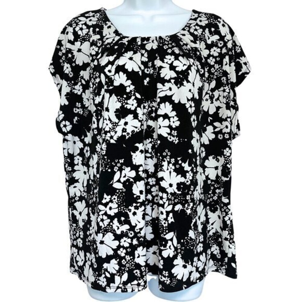 Adrienne‎ Vittadini Cap Sleeve Top Womens Size 1X Black White Floral Lightweight